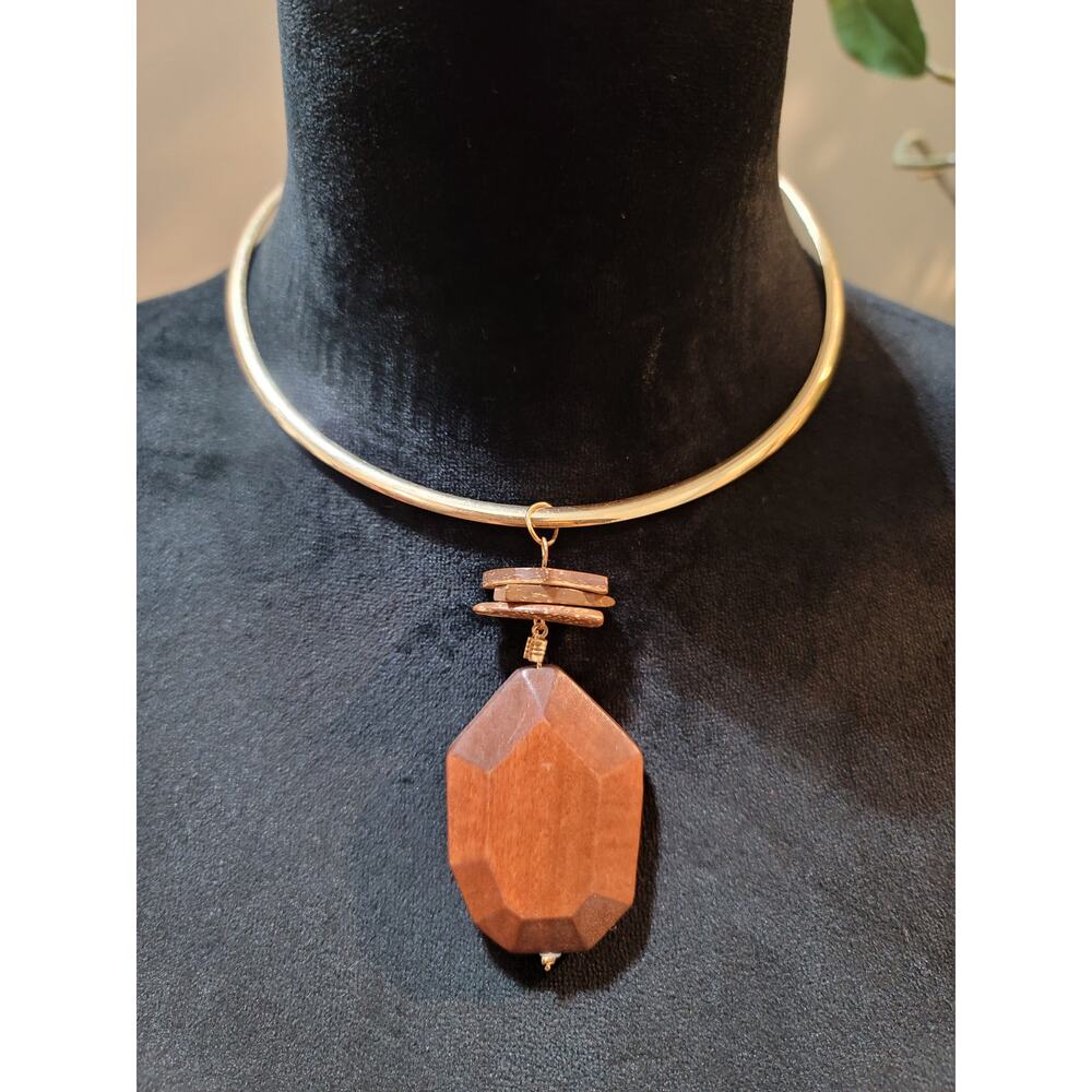 Carol for Eva Graham Wooden Pendant with Gold Choker and Matching Earrings